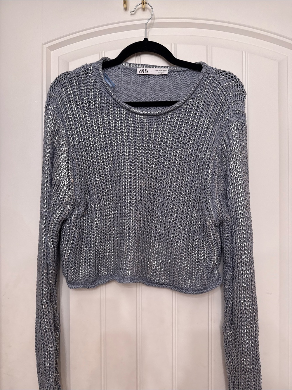 Zara Silver Open-Knit Scoop Neck Sweater